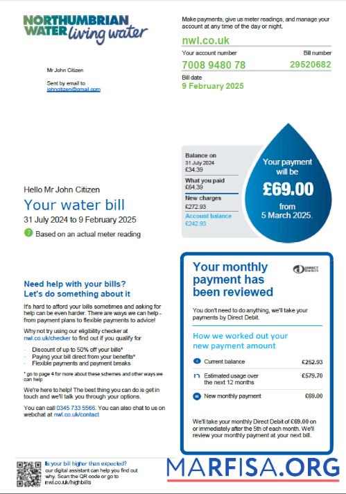 Realistic United Kingdom Northumbrian Water utility bill template in Word and PDF formats, version 2